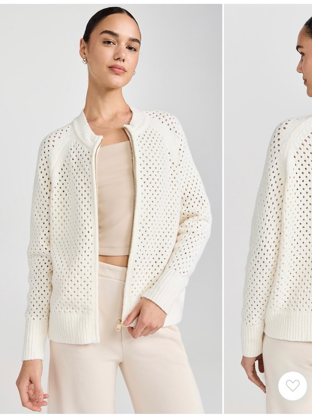 Varley Marta Boucle Knit Jacket Sweater Open Weave Cream Zip Up Long Sleeve